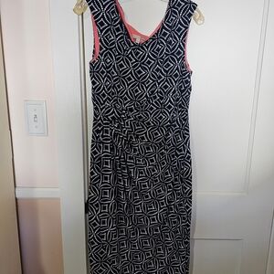 dressbarn Navy and White Patterned Midi Dress with Pink Highlights